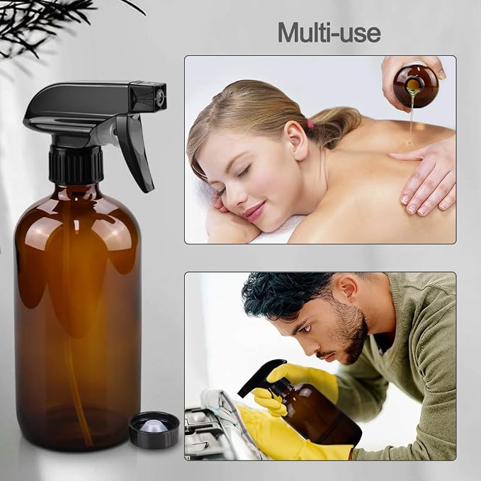 Glass Spray Bottles - 2 Pack 16 oz Refillable Clear Spray Bottles for Hair | Amber Glass, Adjustable Nozzle, Refillable Container, Leak-proof, Spray Bottles for Hair, Cleaning Solutions, Plants, 2 Pack