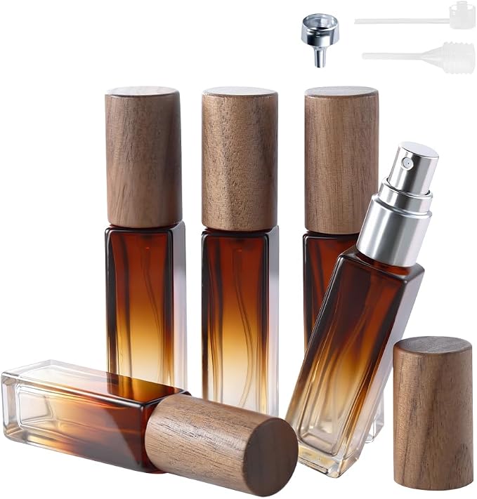 Perfume Atomizer, Amber Spray Perfume Bottles 5pcs 0.3oz/10ml | Walnut Real Wood Lid, Classic Looking, Leak-Proof, Compact Size, Solid Bottle, Daily Touch-Up Spraying