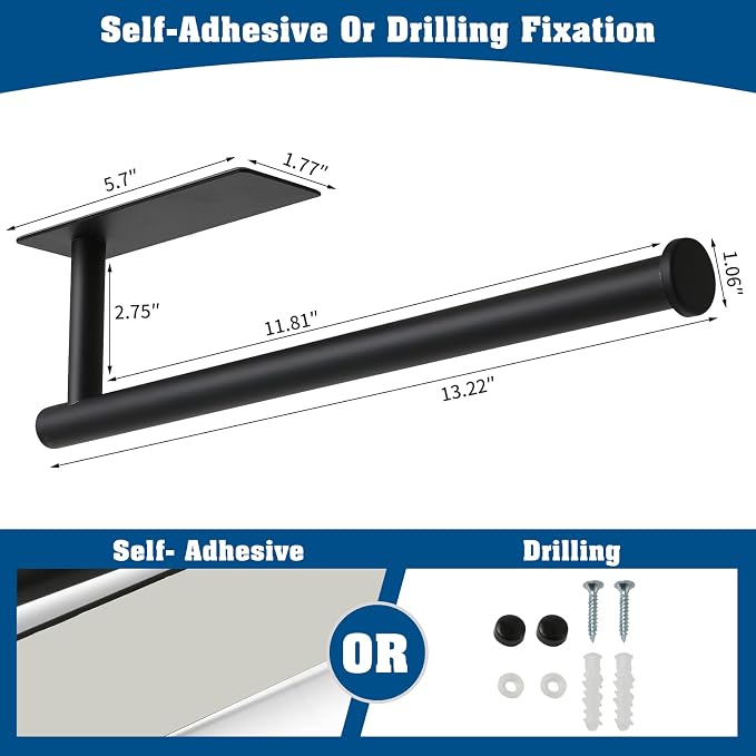 theaoo Under Cabinet Paper Towel Holder for Kitchen, Adhesive, Black | Wall Mounted Paper Towel Roll Rack for Bathroom or Kitchen, SUS304 Stainless Steel, Self-Adhesive or Screw Installation