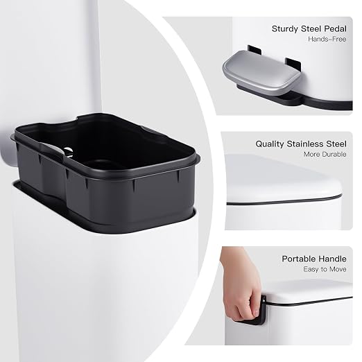 3.2 Gallon/12L Stainless Steel Step Trash Can, Soft Close Pedal Garbage Bin with Detachable Inner Bucket,Fingerprint Resistant,Dual-Use Waste & Recycling Container for Home Kitchen, Bathroom and Offic
