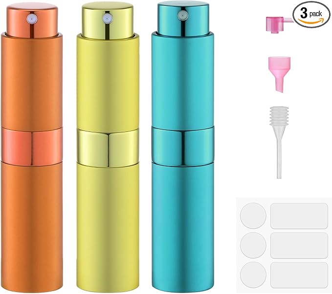 8ml Travel Perfume Bottle Refillable, Atomizer Sprayer for Cologne 3PCS | Twist up spray for fragrance, leak proof, mini size, empty, portable, refill small decanter, for men & women, TSA Orange