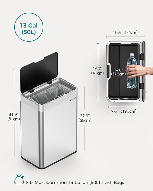 13 Gallon Automatic Kitchen Trash Can,Touchless Sensor Garbage Can,Silver | Built‑in 1500mAh Rechargeable Battery,Stainless Steel Motion Sensor Trash Can, Silent Close Lid Smart Trash Bin for Home