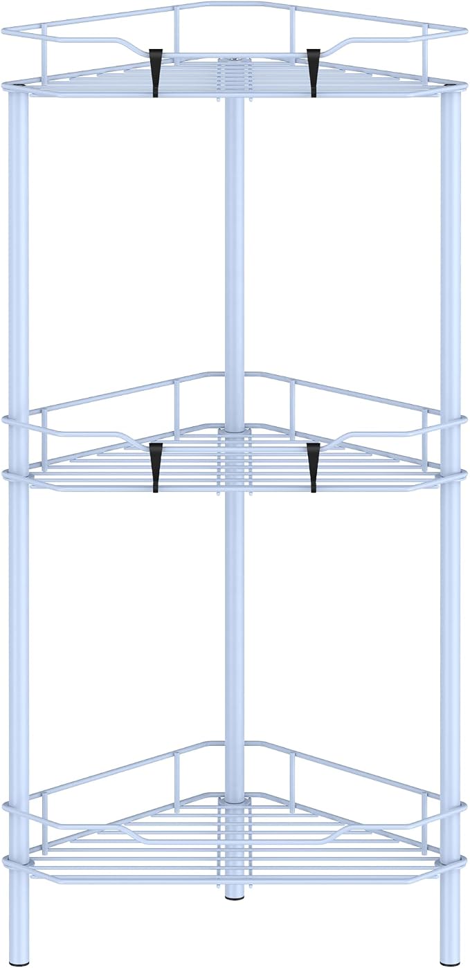 HuggieGems Metal Floor Standing Corner Shower Caddy, Blue, 3 Tier | Adhesive Bathroom Organizer Shelves, Free Standing Shower Rack with Hooks, Hold Large Shampoo Bottles