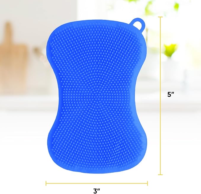 Silicone Heat Resistant Dishwasher Sponge, Fruit Cleaner, Vegetable Washer, Non Scratch Durable Bristles, Blue 3-Pack (6)