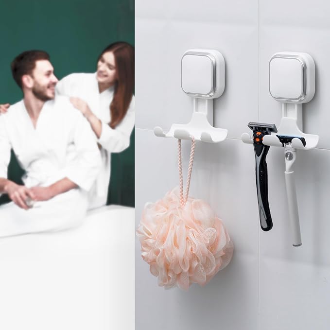 LEVERLOC 2 Pack Vacuum Suction Cup Razor Holder for Shower No Drill, White | Heavy Duty 11KG Shower Hooks for Towel, Loofah, Razor, Waterproof, Damage-Free Hanging Suction Cup, Easy to Install and Reuse