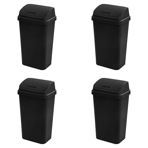 Sterilite Swing Top Wastebasket, Trash Can, 13 Gallon, Black, 4-Pack | Sleek Square Profile Modern Garbage Bin for Kitchen, Bathroom, Garage and Workspace, Fits 13 Gal Liners