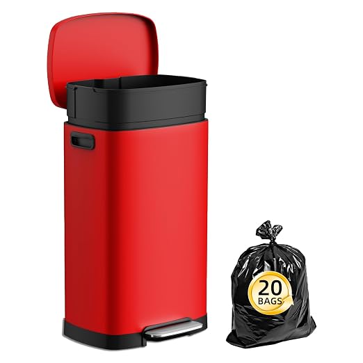 KdbK 13 Gallon Trash Can with Lid, 50L Fingerprint Proof Stainless Steel Kitchen Trash Can with Removable Inner Bucket and Lid Soft Close, Pedal Rubbish Bin for Home Office, Red