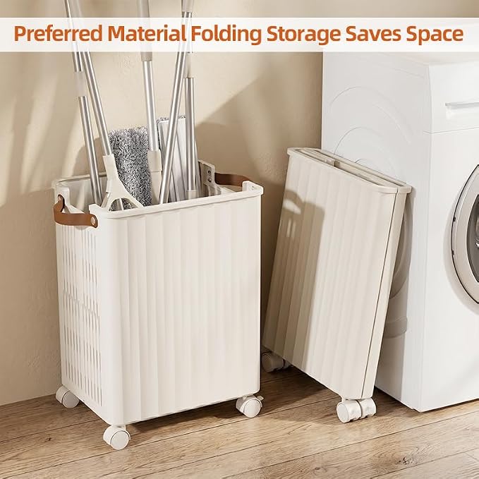 Large Capacity Mop Holder with Wheels, Rolling Broom Storage Organizer On Casters, Heavy Duty Utility Cart for Laundry Room Garage Kitchen Basement, Space Saving Mobile Rack for Cleaning Supplies