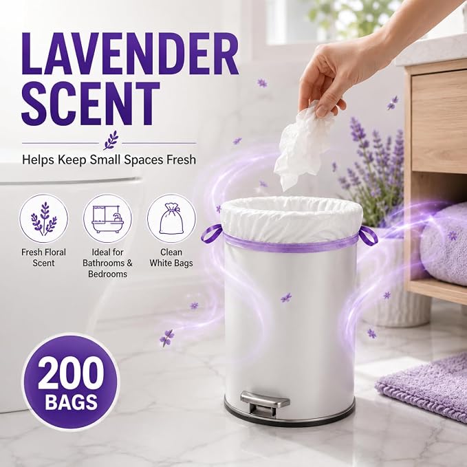 4 Gallon Trash Bags, 200 Count, Lavender Scented Drawstring Bags | White Small Garbage Bags for Bathroom, Bedroom, Office and Wastebaskets, Bulk Value Pack for Small 4 Gallon Trash Cans