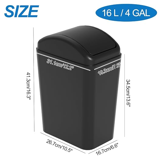 Farmoon 16 L/4 Gallon Slim Plastic Trash Can, Swing Lid Garbage Bin, Black