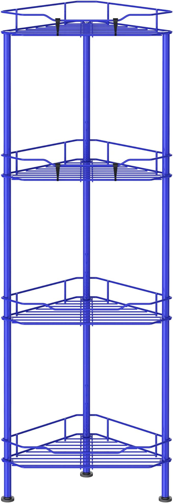 HuggieGems Metal Floor Standing Corner Shower Caddy, Dark Blue, 4 Tier | Adhesive Bathroom Organizer Shelves, Free Standing Shower Rack with Hooks, Hold Large Shampoo Bottles