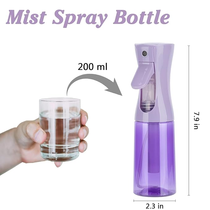 Spray Bottle for Hair (6.8OZ /200ML) Continuous Ultra Fine Mist Sprayer for Hair, Salons, Barber, Plants, Skin Care, Cleaning 1 Pack CLEAR PURPLE