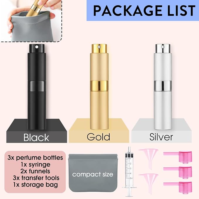 3 Pack 8ML Empty Cologne Travel Spray Bottle (Black, Gold, Silver) | Perfume Atomizer for Refill Portable Cologne Dispenser Mini Sprayer for Women Twist Tpye