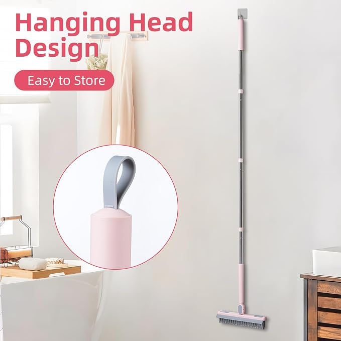 Floor Scrub Brush with Long Handle,Squeegee, Grout Brush | V-Shaped Stiff Bristles, For Tile Line, Bathroom, Crevice, Deck, Swimming Pool, Kitchen, Garage, Yard