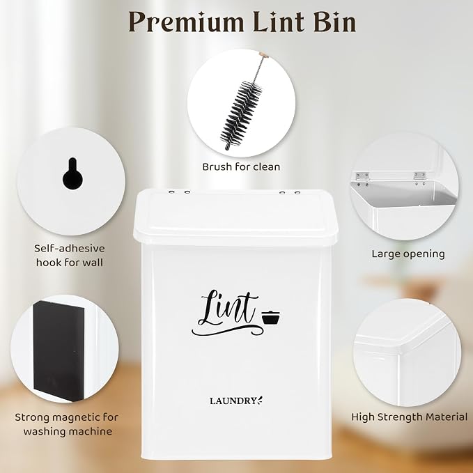Magnetic Lint Bin for Laundry Room with Brush & Hook - Large Laundry Organizer and Storage, Wall Mounted Trash Can with Lid, Space-Saving Dryer Lint Holder Laundry Room Decor, White