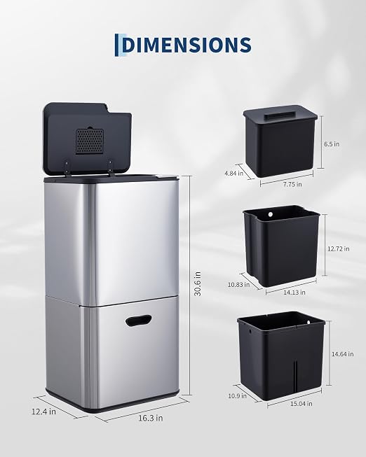 Garvee Dual Trash Can for Kitchen, 2 Compartment (33L + 28L) Garbage Can | Stainless Steel Trash and Recycle Bin Combo, with Compost Bin, Removable Inner Bucket, Odor Control, Silver