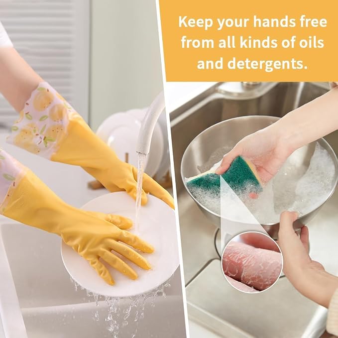 Dishwashing Cleaning Gloves, Rubber Glove with Cotton Lined | 2 Pairs Reusable Latex Free Kitchen Gloves, Long Waterproof Household Glove for Laundry Cleaning Working Gardening Cooking