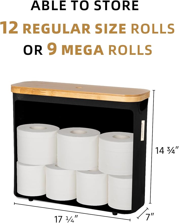 StorageWorks Toilet Paper Storage Basket, Papers Container with Bamboo Lid, Medium Toilets Holder for Up to 9 Mega Rolls, Organizer for Bathroom, Black, 1 Pack | See Rolls at a Glance with Clear Window, Holds 12 Regular or 9 Mega Rolls for Bathroom Toi...