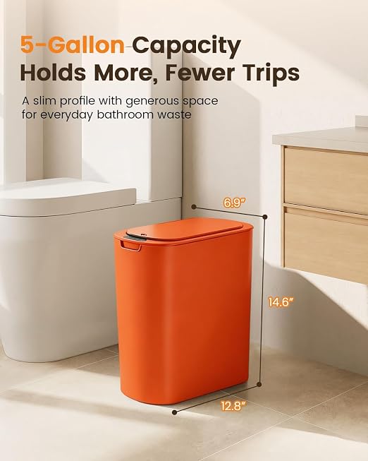 TIPGO 5 Gallon Automatic Bathroom Trash Can with Lid, Orange, Touchless | Motion Sensor, Slim Smart Garbage Bin, Plastic Wastebasket, Battery Operated, Manual Button, for Bedroom, Office,RV