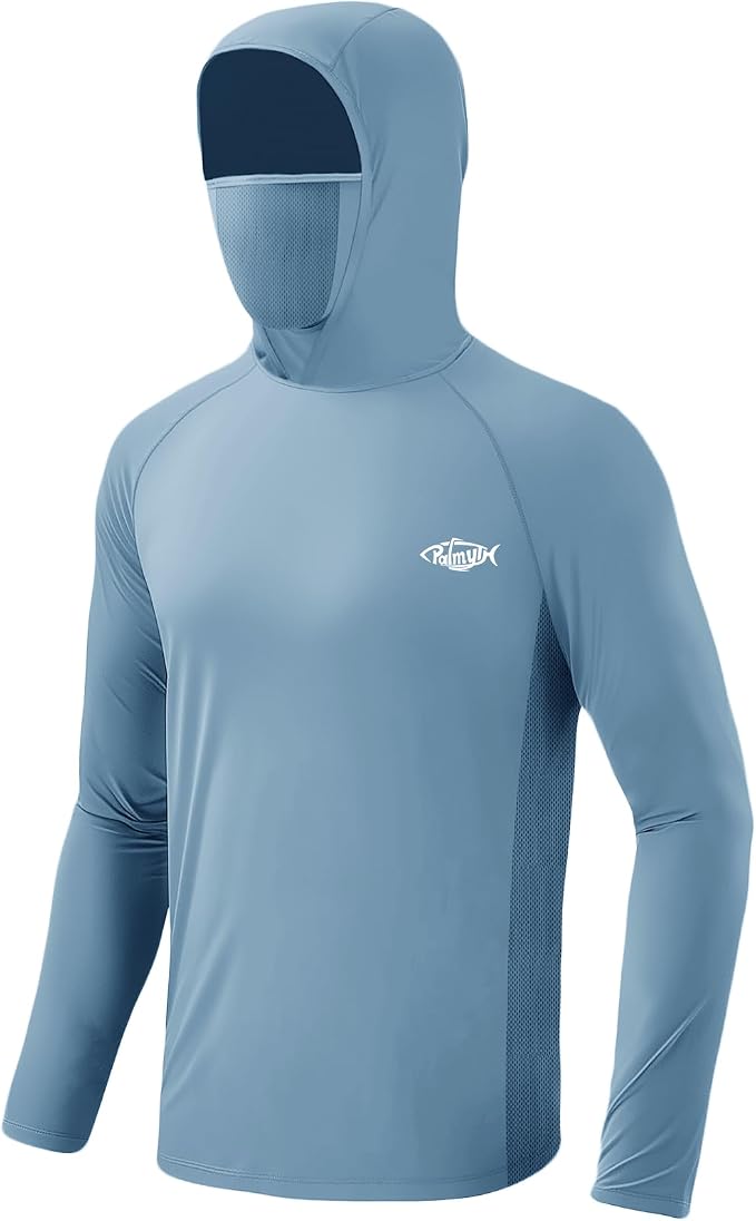 Palmyth Men's Fishing Hoodie UPF 50+ Long Sleeve with Face Mask Neck Gaiter | Zipper Pocket, Thumb Loops, Quick-Dry, Side Mesh Panels, Lens Cleaning Cloth