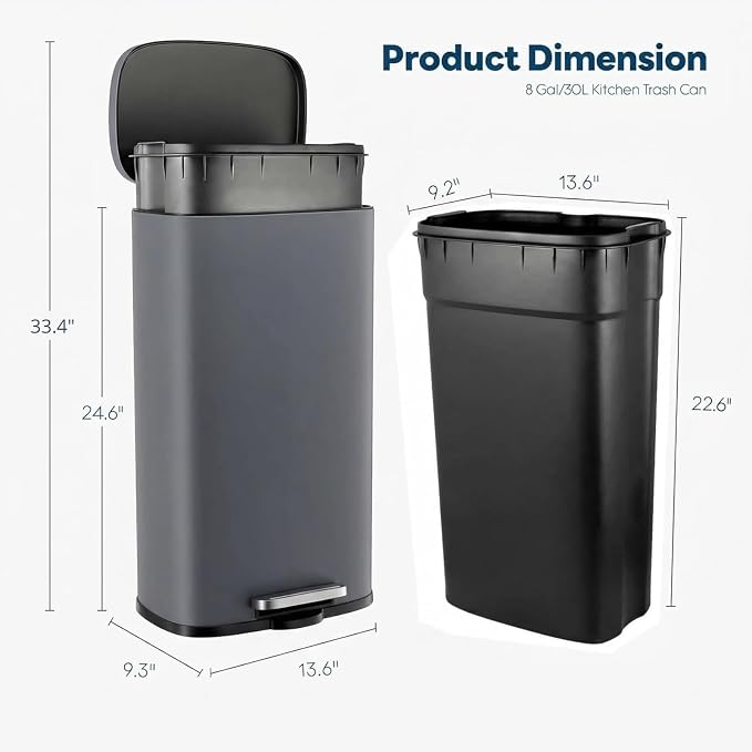 8 Gal Kitchen Trash Can, 30L Recycling or Garbage Bin, with Step-On Pedal | Brushed Stainless Steel Waste Basket, Soft&Quiet Close Dustbin, Removable Inner Bucket, for Home, Office, Living Room