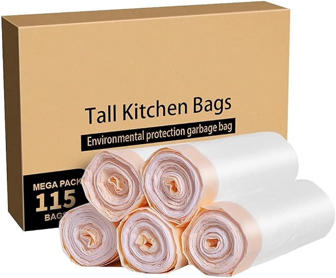 Trash Bags, Garbage Bags 13 Gallon Large Tall Kitchen Drawstring Strong Bags For Trash Can Garbage Bin, 5 Rolls/115 Counts