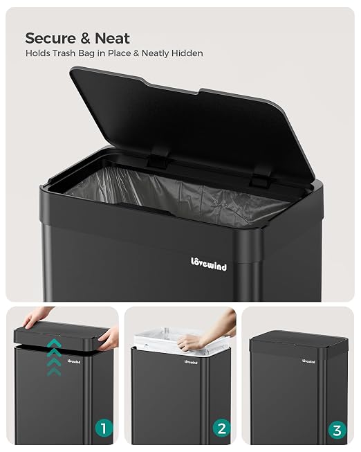 13 Gallon Automatic Kitchen Trash Can,Touchless Sensor Garbage Can,Black | Built‑in 1500mAh Rechargeable Battery,Stainless Steel Motion Sensor Trash Can, Silent Close Lid Smart Trash Bin for Home