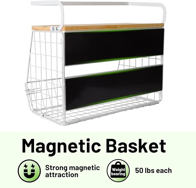 Magnetic Fridge Shelf with Wood Lid, Fruit Potato Onion Storage Bins, Pantry Organizers, Large Container Spice Rack for Refrigerator, Kitchen Counter, Cabinet (2, White)