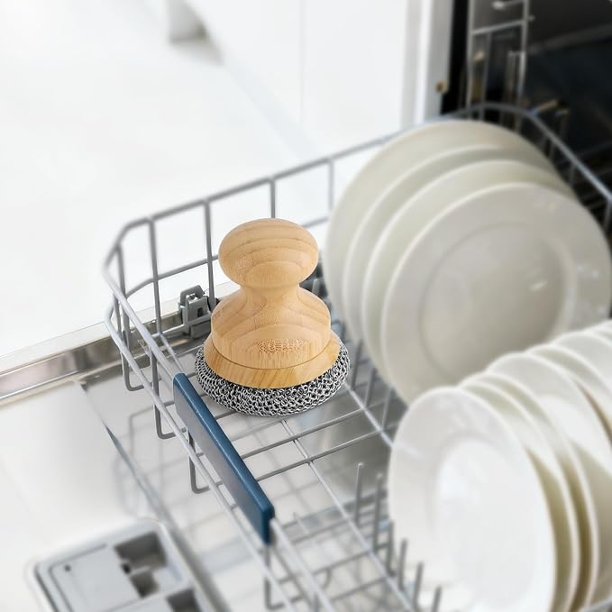 Scrubber for Cast Iron Pan, Pot Cleaner with 2 Scrapers,Chain Mail Cleaning Brush for Dishes, Pots, Pans, Griddles, Grills(Small Chain Mail)