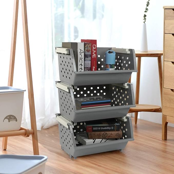 3-Pack Plastic Stackable Storage Bins, Multi-functional Basket, Grey | Stacking storage baskets, versatile open-front design for easy access to daily items