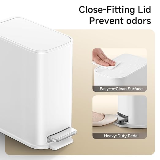 TIPGO Small Bathroom Trash Can with Lid Soft Close,1.3 Gallon, White | Step Pedal, Removable Inner Bucket, 5 Liter Slim Stainless Steel Garbage Can for Bedroom, Office, Kitchen