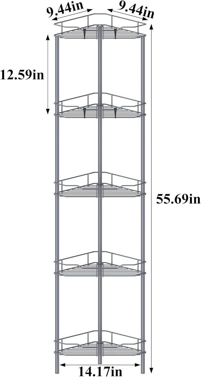 HuggieGems Metal Floor Standing Corner Shower Caddy, Dark Gray, 5 Tier | Adhesive Bathroom Organizer Shelves, Free Standing Shower Rack with Hooks, Hold Large Shampoo Bottles