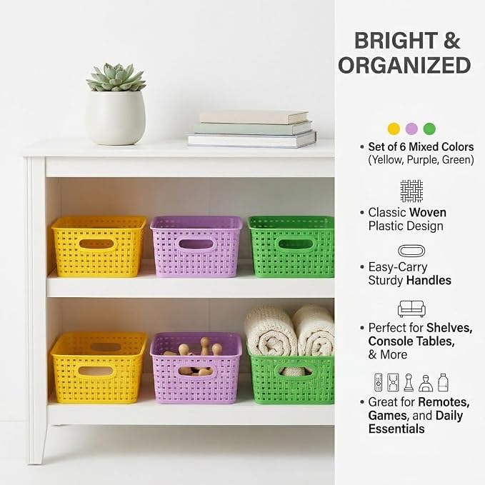 6-Pack Small Baskets, Plastic Open Storage Weave Basket Versatile Shelf Organizer Woven Baskets for Home and Pantries, Green/Purple/Yellow, 10x7.5x4 inch