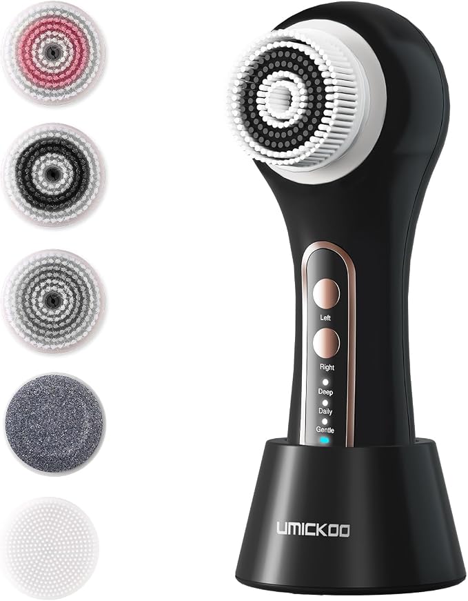 UMICKOO Rechargeable Rotating Face Scrubber with 5 Brush Heads Set | IPX7 Waterproof for Shower，2-Way Rotating Face brush for Daily & Deep Cleaning, lasts for 30 days after charging