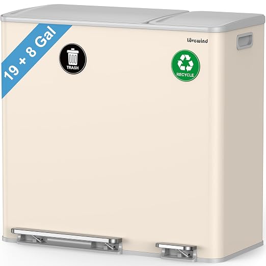 Dual Trash and Recycling Bins for Kitchen, 19+8 Gallon (72+30L) Stainless Steel Trash and Recycle Bin Combo with Soft-Close Lid, Large Garbage Cans for Kitchen Home with 2 Magnets Sticker, Apricot