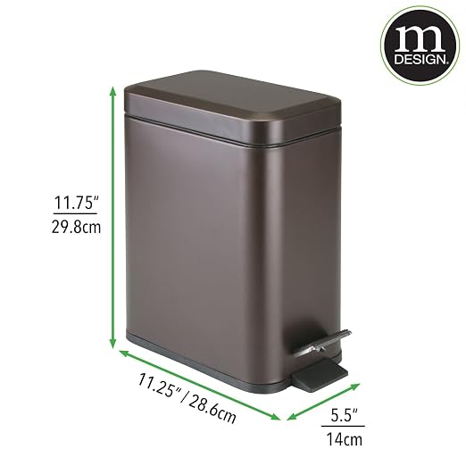 mDesign Small Modern 1.3 Gallon Rectangle Metal Lidded Step Trash Can, Compact Garbage Bin with Removable Liner Bucket and Handle for Bathroom, Kitchen, Craft Room, Office, Garage - Bronze