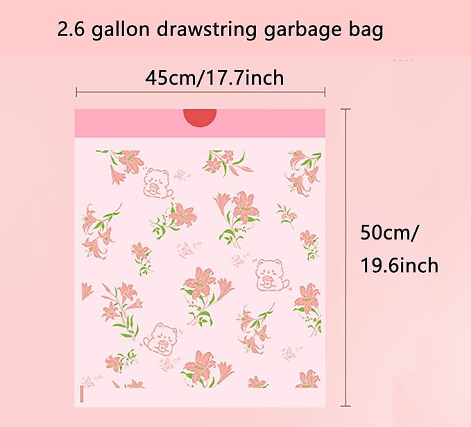 4 Gallon Small Trash Bags 312pcs Tearing-Free Drawstring for Bathroom Office Home Bedroom Trash Can with Pink Lily Printed Garbage Basket Bags