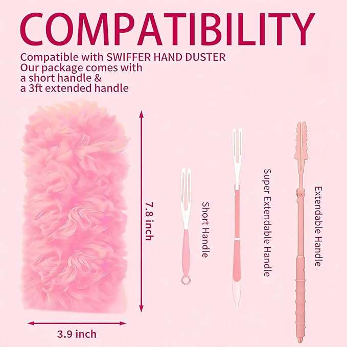 Pink Duster Refill for Swiffer Duster, 50 Count Disposable Dusters Kit | for Cleaning Dusting Furniture Blind Ceiling Fan, Multi Surface 360 Feather Duster + 3FT Extended Handle + 1 Handle