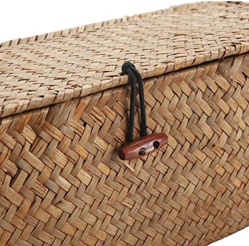 DECRAFTS Seagrass Storage Basket with Lid Rectangular Small Woven Shelf Baskets with Sections for Organize Snack Toys Tampon