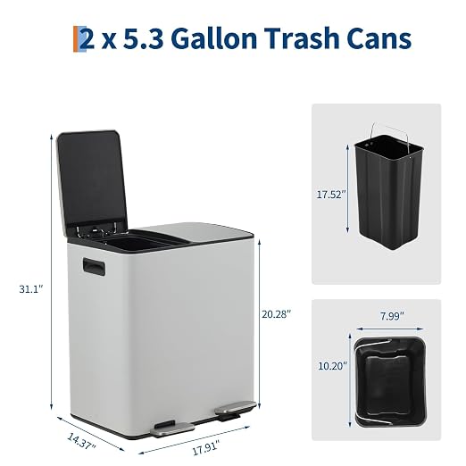 Dual Compartment Trash Can 40L (2x20L), Stainless Steel Recycling Bin with Removable Buckets, Soft Close Odor-Sealing Lid, Collapsible Pedal, Fingerprint Resistant for Home Kitchen or Office