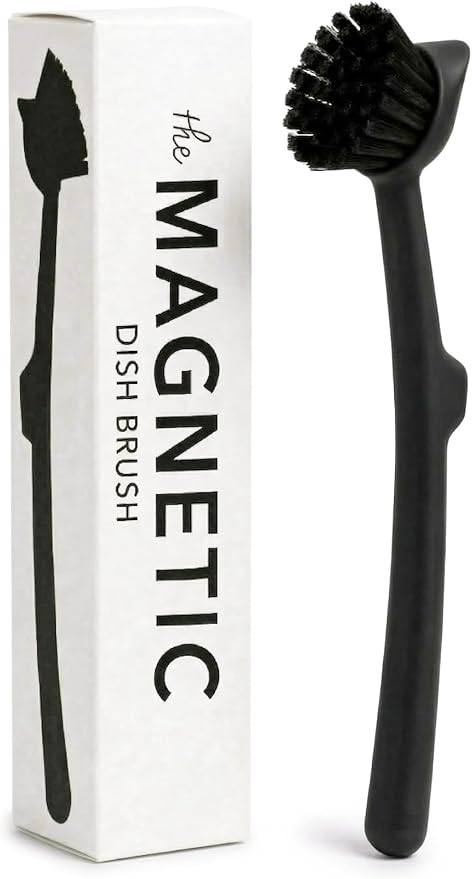 Earth & Mango Magnetic Dish Brush & Scraper, Snaps to Sink, Onyx Black