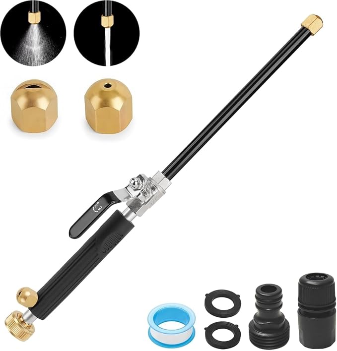 Jet Nozzle for Garden Hose, Metal Power Washer Wand with 2 Brass Nozzles, High Pressure Washer with Quick Connect Adapter for Car Wash, Patio, Window and Garden Watering(Black)
