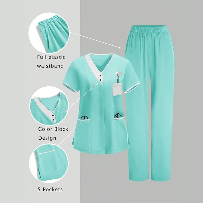 2026 Housekeeping Uniform Cleaning Uniforms - Button V Neck Top & Pants with Multi Pockets - Scrubs for Women