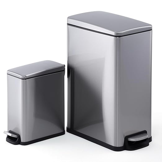 Trash Can Set, 12 Gal and 2.6 Gal, Soft-Close Step Lid, Silver | Removable inner buckets, liner rings, stay-open function, odor-sealing lids and fingerprint-resistant stainless finish