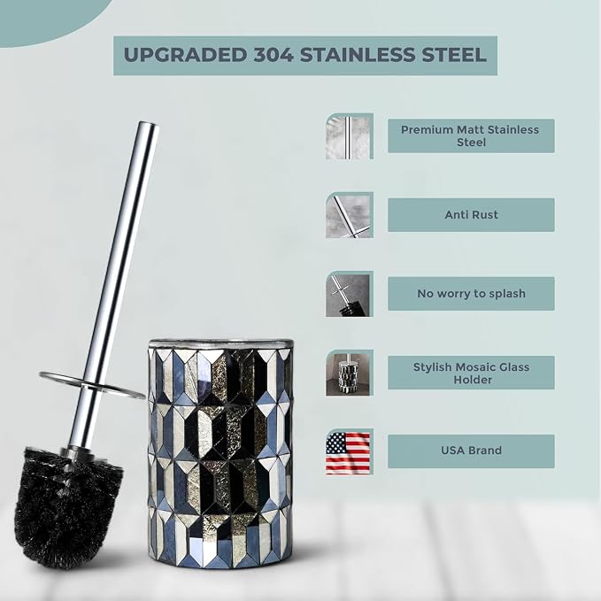 Escenzy Cute Toilet Brush and Holder Set Mosaic Glass | Non-Rustic Stainless Steel | Practical & Decorative Toilet Bowl Brush and Holder | Luxury Black and Gold Bathroom Accessories (Latest)
