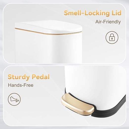 SYNCVIBE Bathroom Trash Can with Soft Close Lid 3.5 Gallon Matte White | Stainless Steel Garbage Can with Removable Inner Bucket Slim Trash Bins with Step Pedal for Bedroom, Office