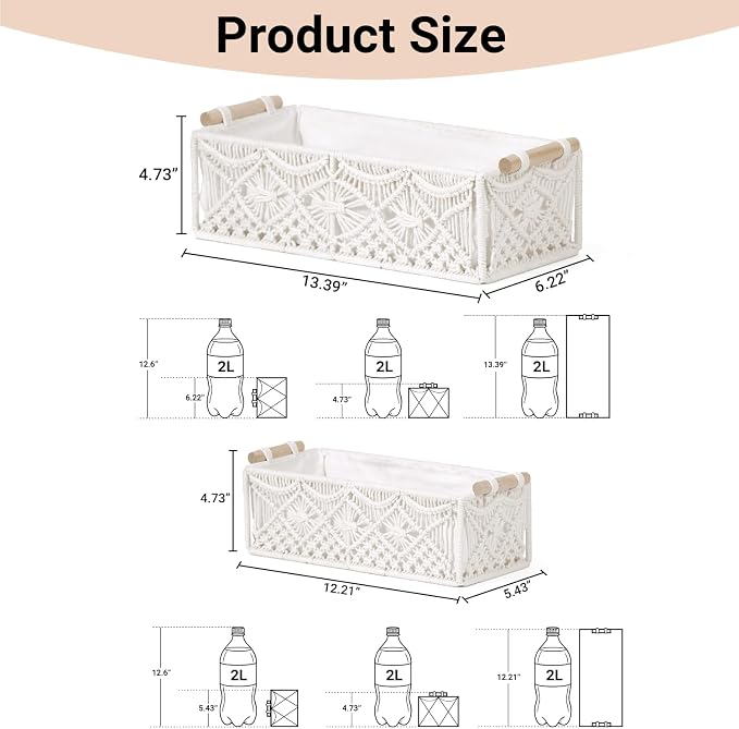Nonam 2pc Macrame Storage Baskets, Boho Woven Boxes for Home, Weave White | Handcrafted macrame storage boxes. Stylish boho decor for shelves, toilet tank & cabinets. Durable, versatile & chic.