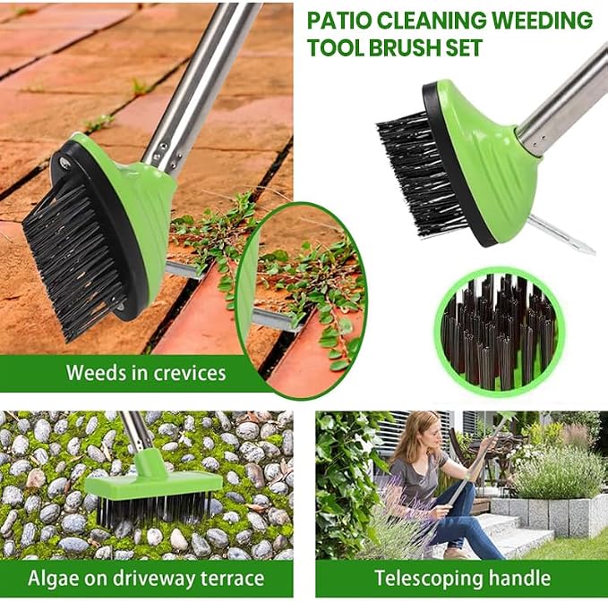 Saker 3 in 1 Weeding Wire Metal Brush Tools,3-in-1 Long Handle Surface Cleaning Brush, Steel Bristle Scrub Tool for Patio, Paving, & Pool Areas (1 Set)