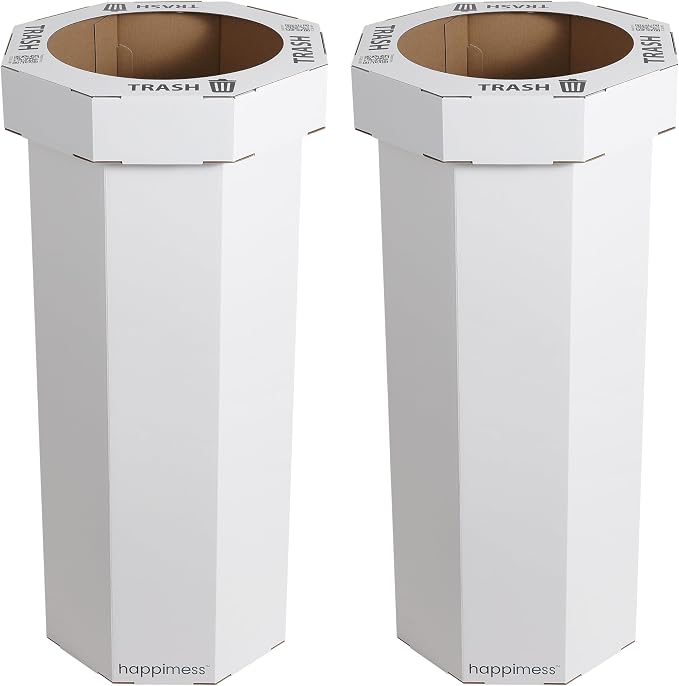 happimess Fleur 25 Gal Trash Can Bin, Cotton White, Set of 2 | Event Recycling, Traditional Classic Disposable Corrugated Cardboard, 32" Height, 16" Width, 16" Depth