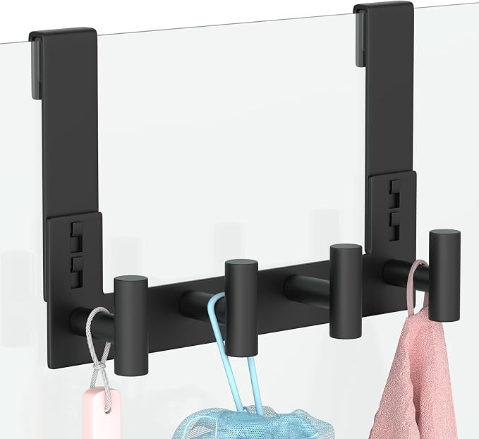 PMMASTO Black Extra-Long Shower Door Hanger, 4 T-Hooks, Fits 3/8-Inch Glass | Extra-Long Heavy-Duty Stainless Steel, 4 T-Shaped Hooks, for Bathrobes and Towels on Frameless Glass Shower Doors